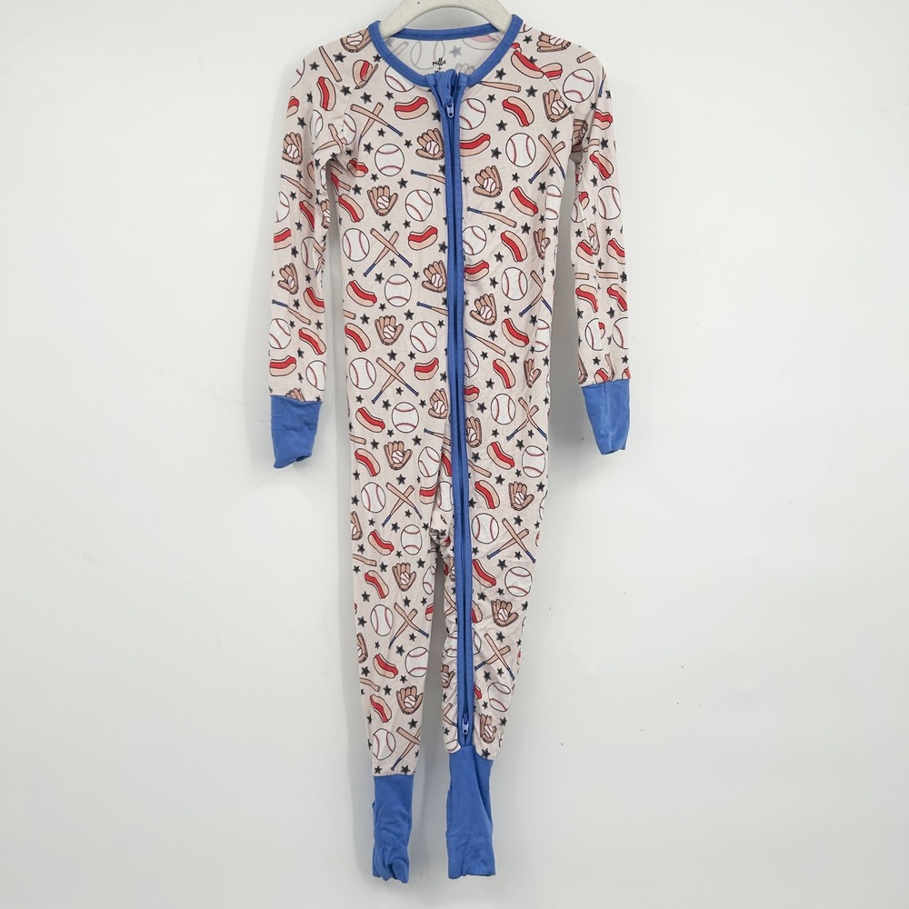Millie + Roo Toddlers Baseball Sports Bamboo Zip Footie Romper Pajamas Size 2/3